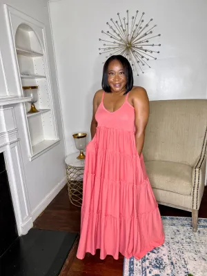 Tiered V-neck Maxi Dress- Coral