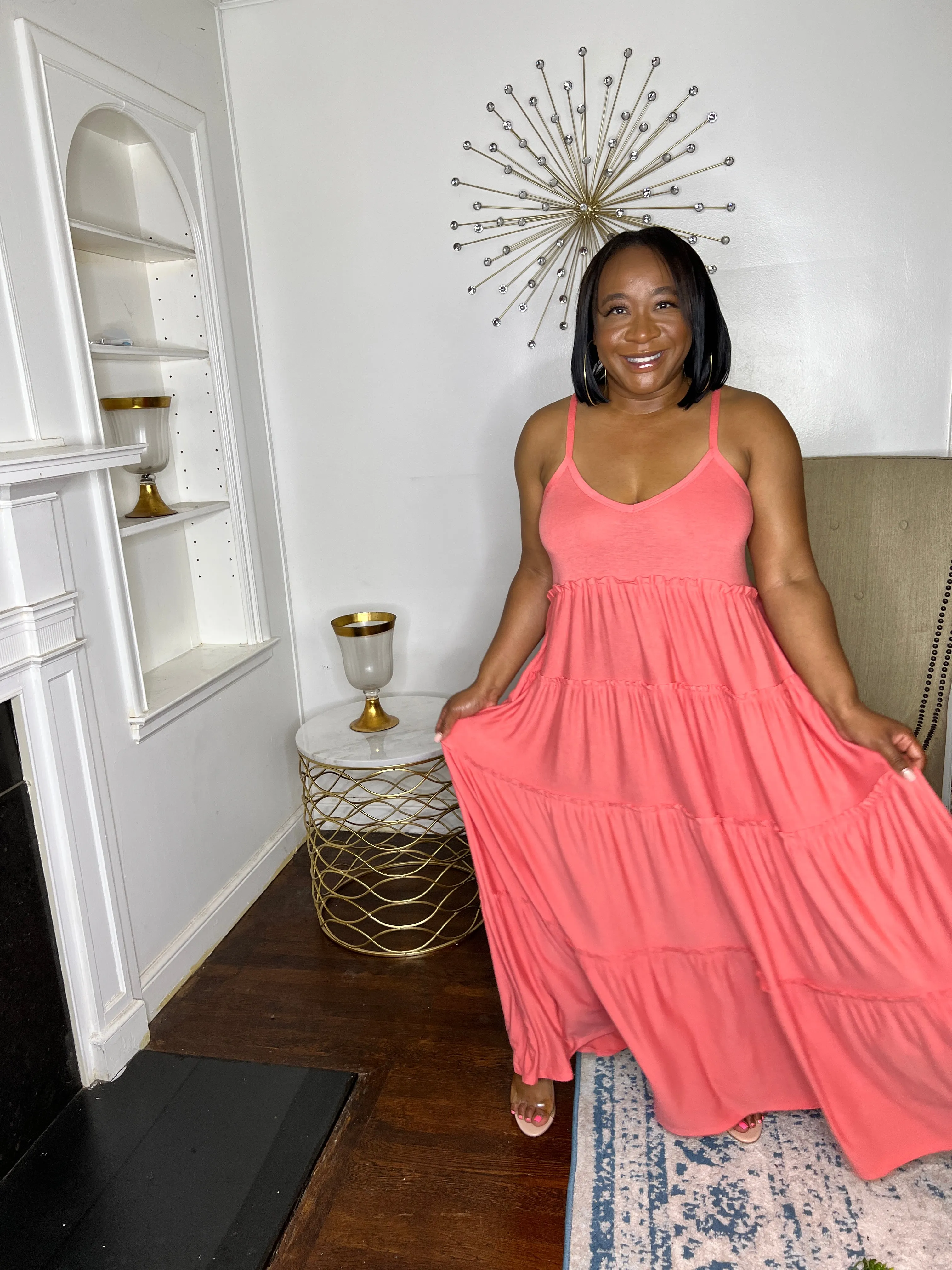 Tiered V-neck Maxi Dress- Coral