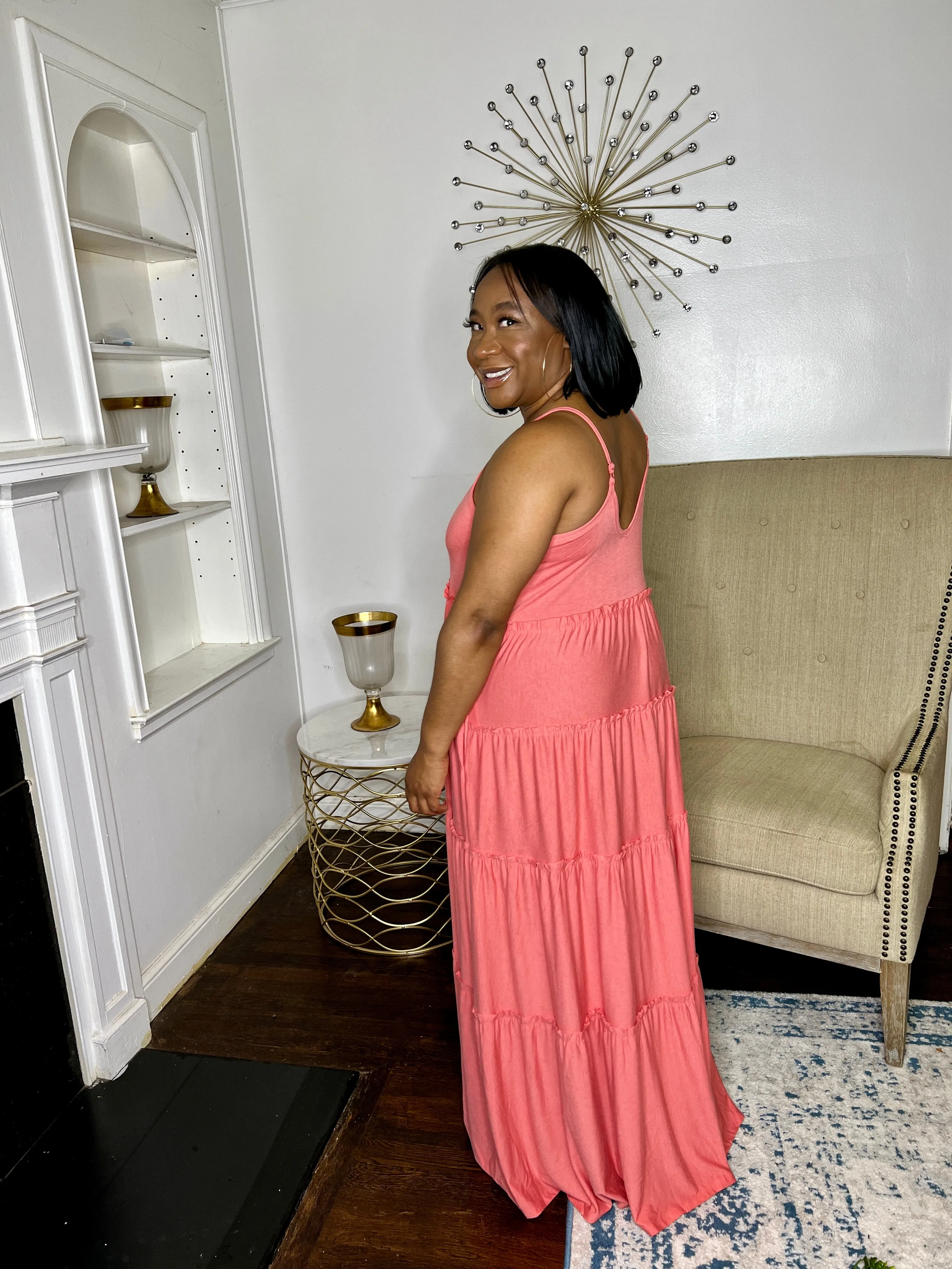 Tiered V-neck Maxi Dress- Coral