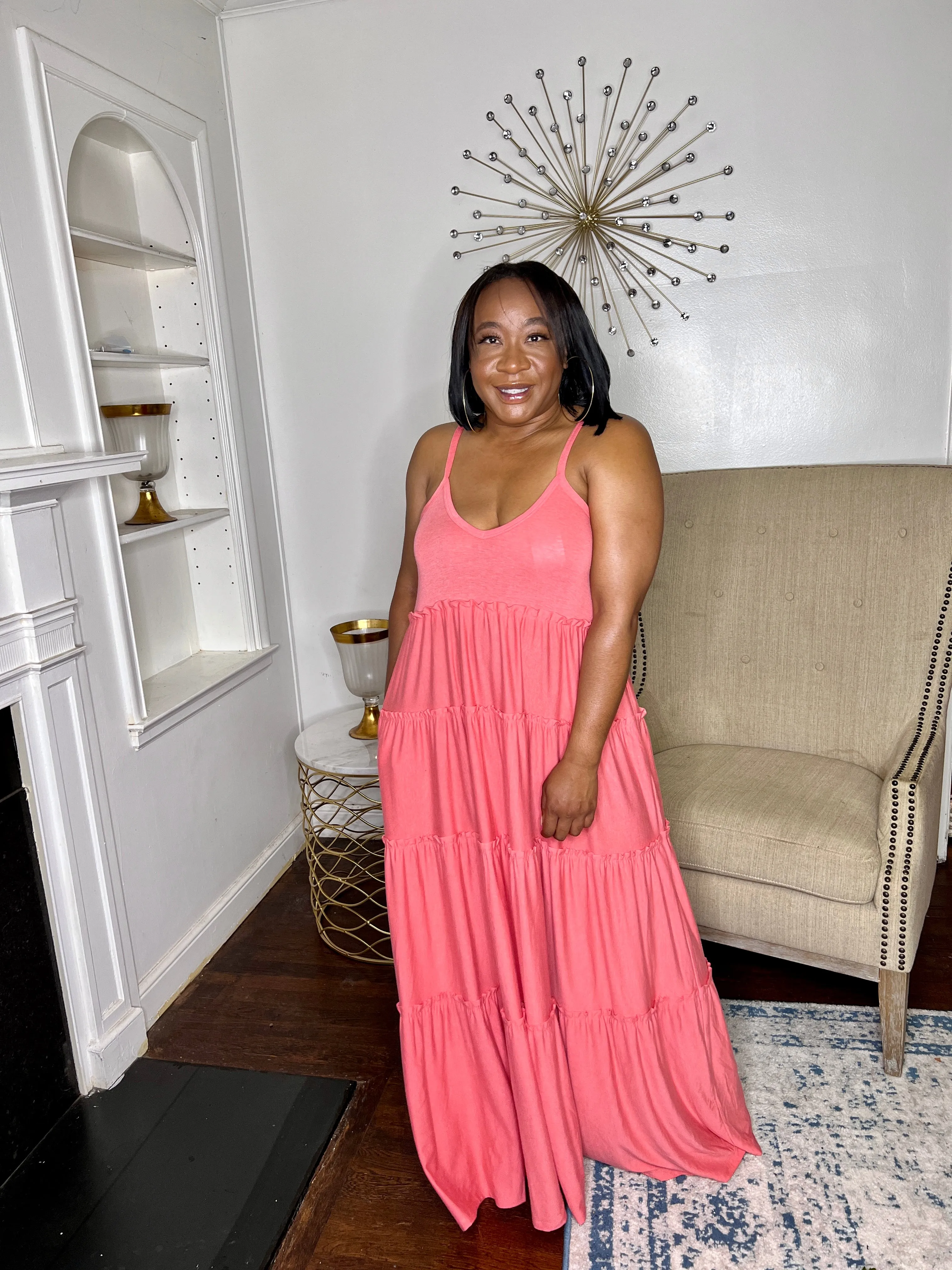 Tiered V-neck Maxi Dress- Coral