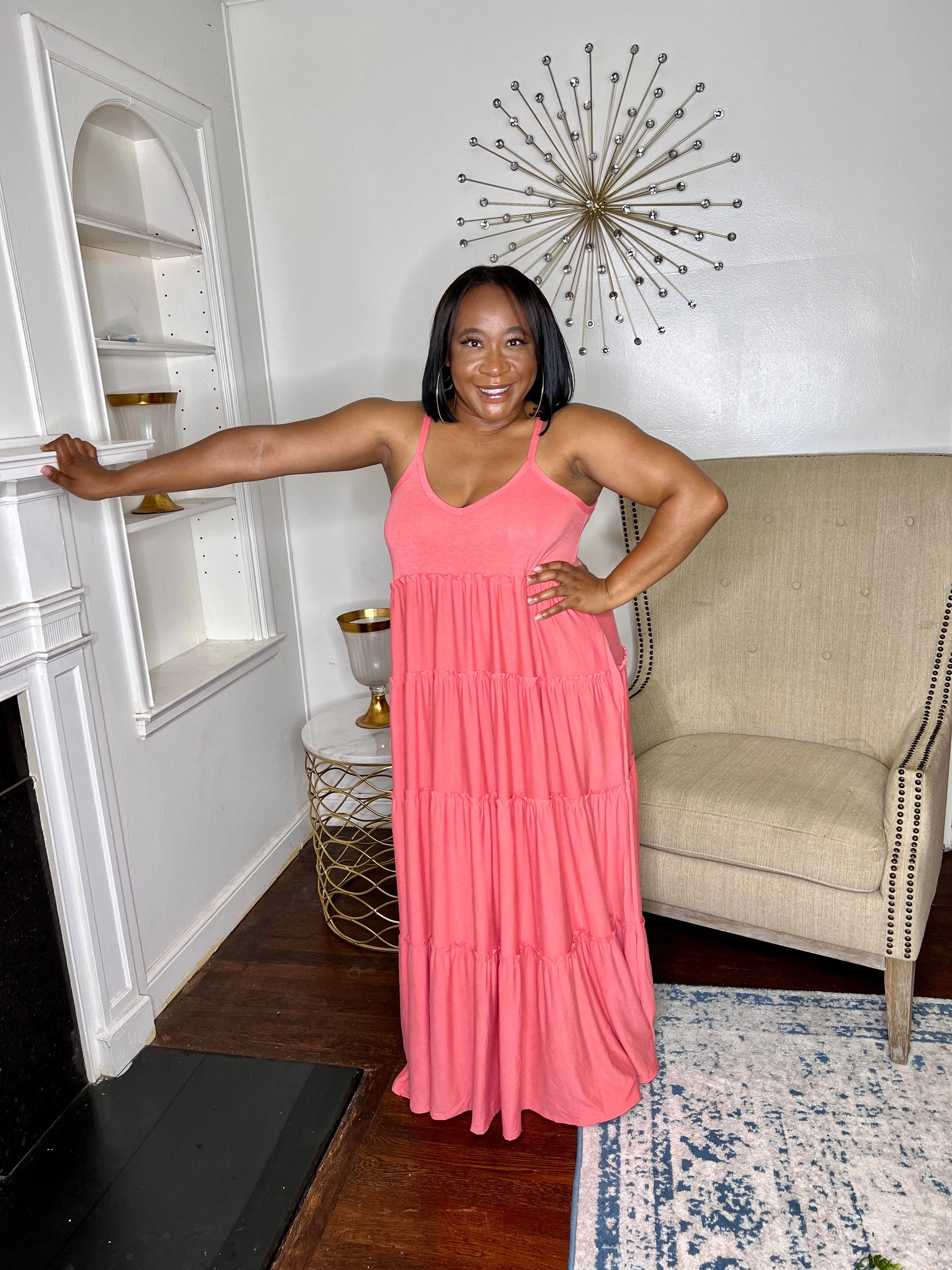 Tiered V-neck Maxi Dress- Coral