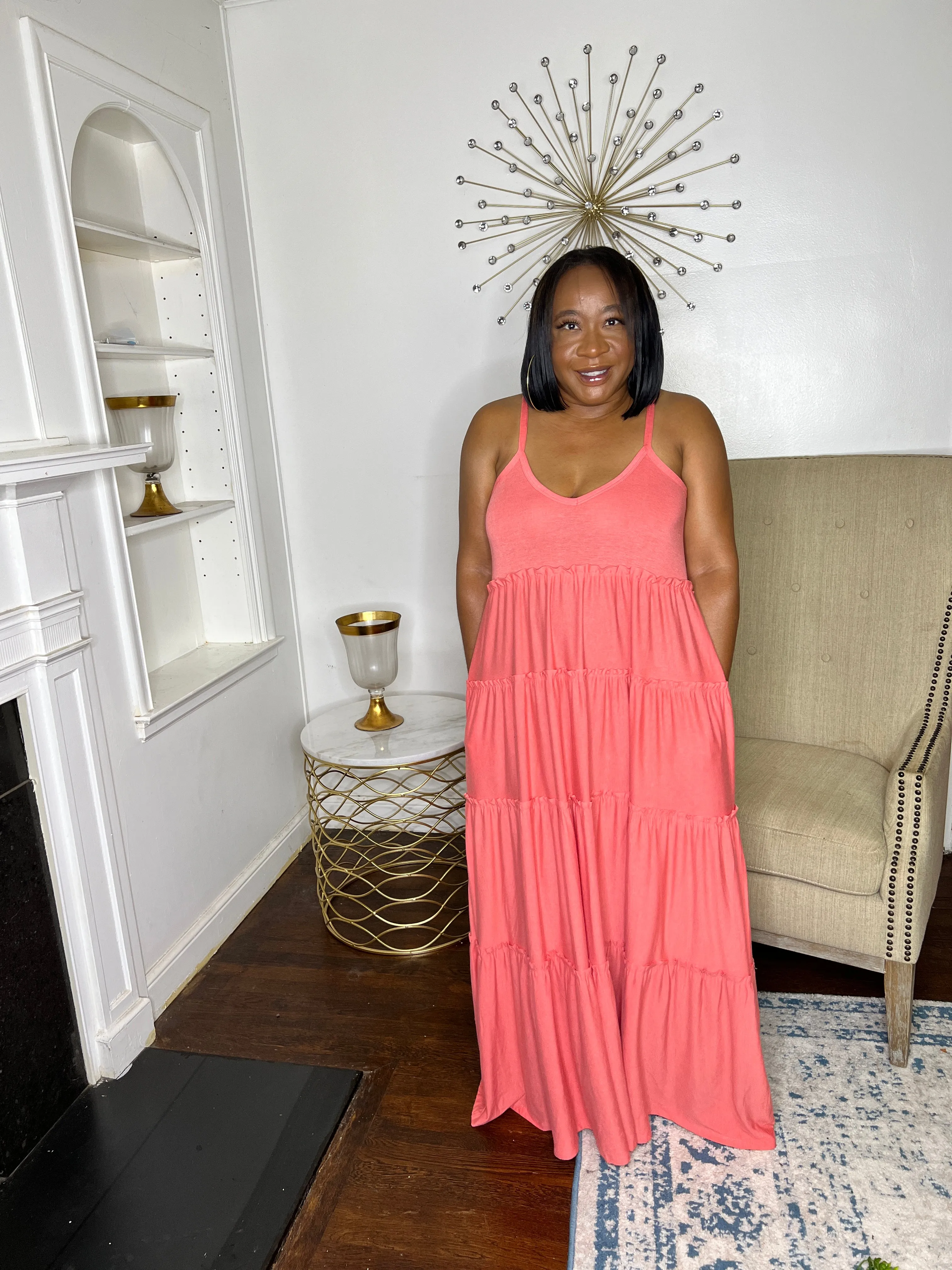 Tiered V-neck Maxi Dress- Coral