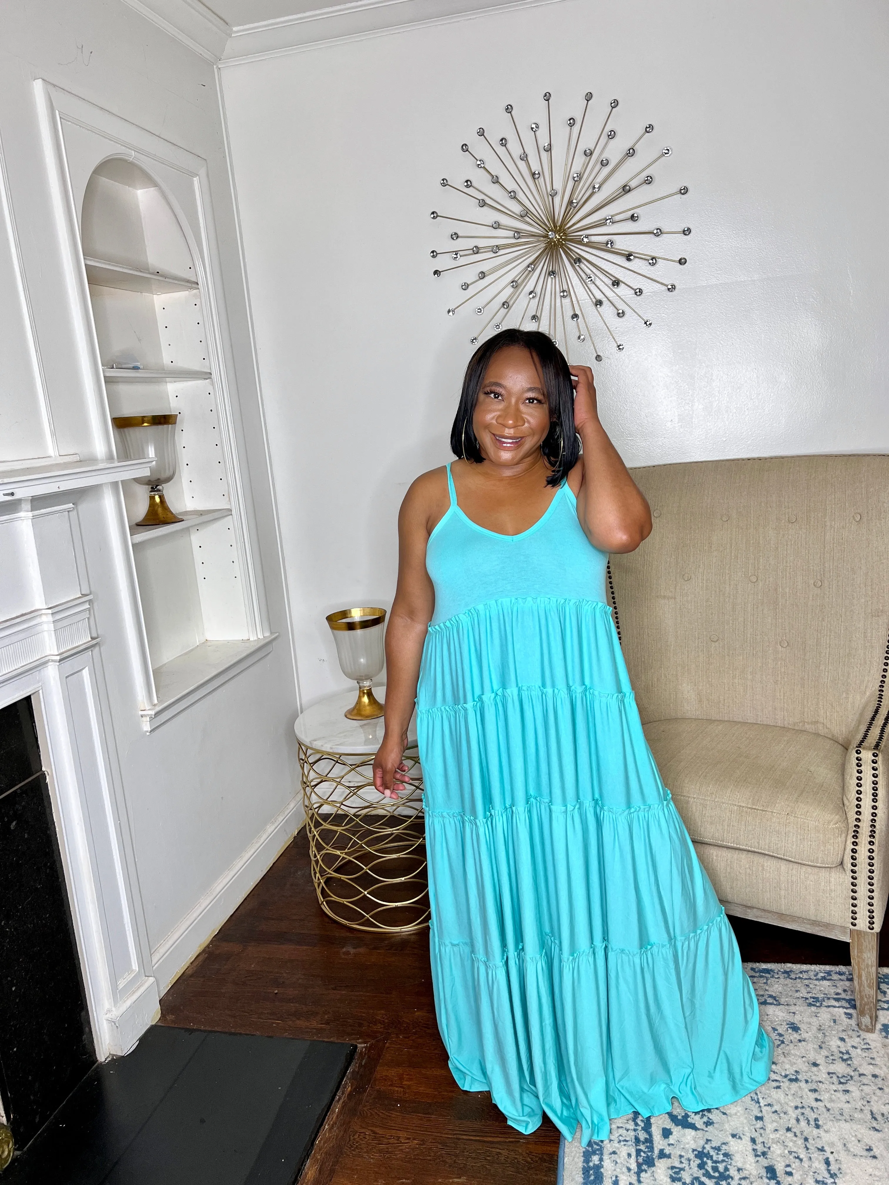 Tiered V-neck Maxi Dress- Mint