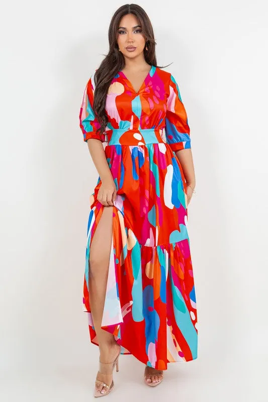 V neck red blue maxi