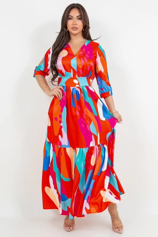 V neck red blue maxi