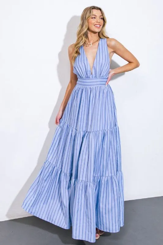 V necklace striped white dress maxi