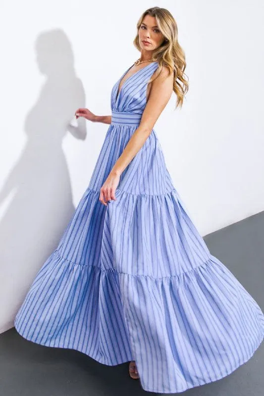 V necklace striped white dress maxi