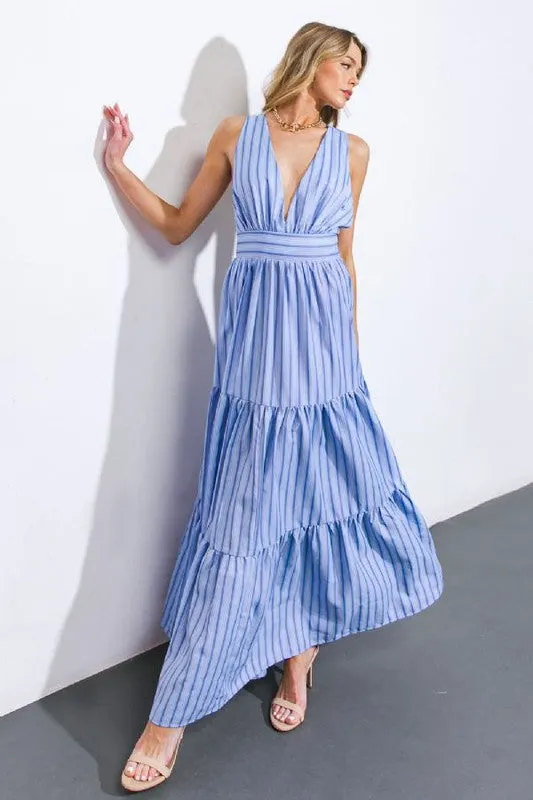 V necklace striped white dress maxi