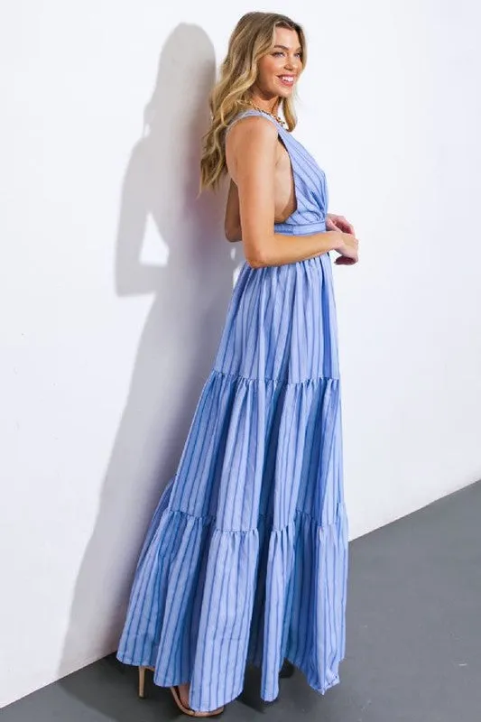 V necklace striped white dress maxi