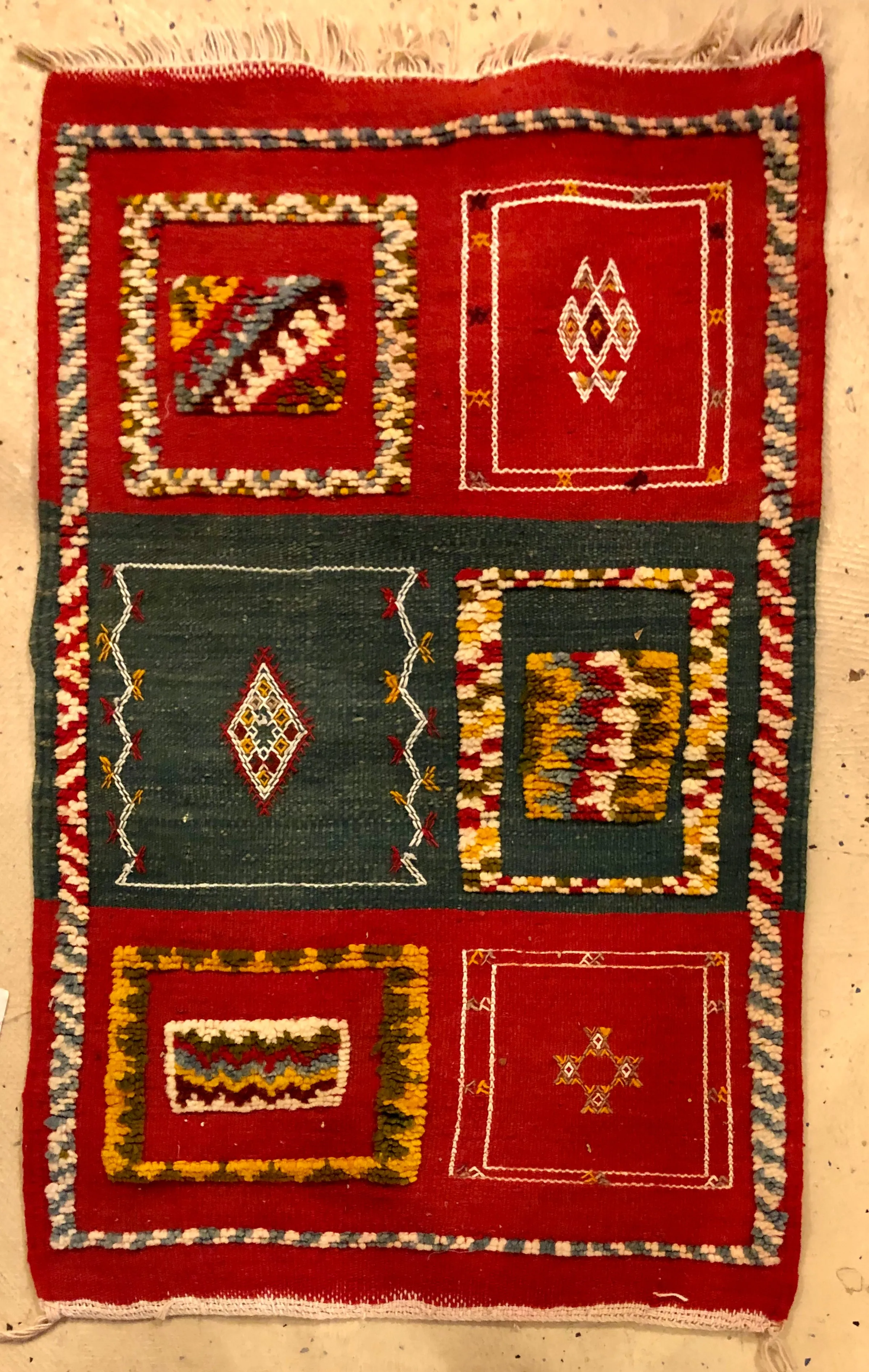 Vintage Moroccan Tribal Handmade Wool Blue and Red Small Rug or Carpet