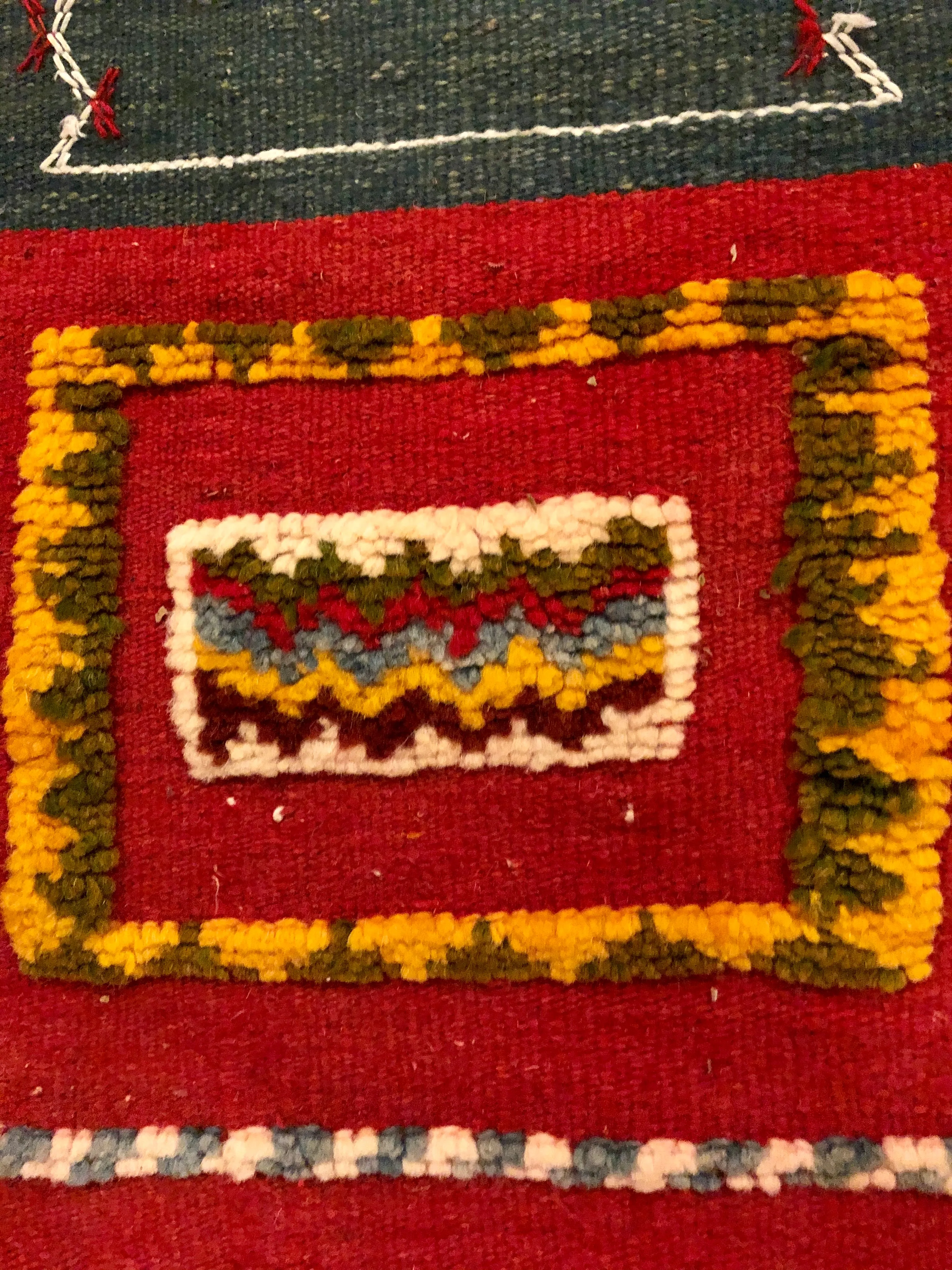 Vintage Moroccan Tribal Handmade Wool Blue and Red Small Rug or Carpet