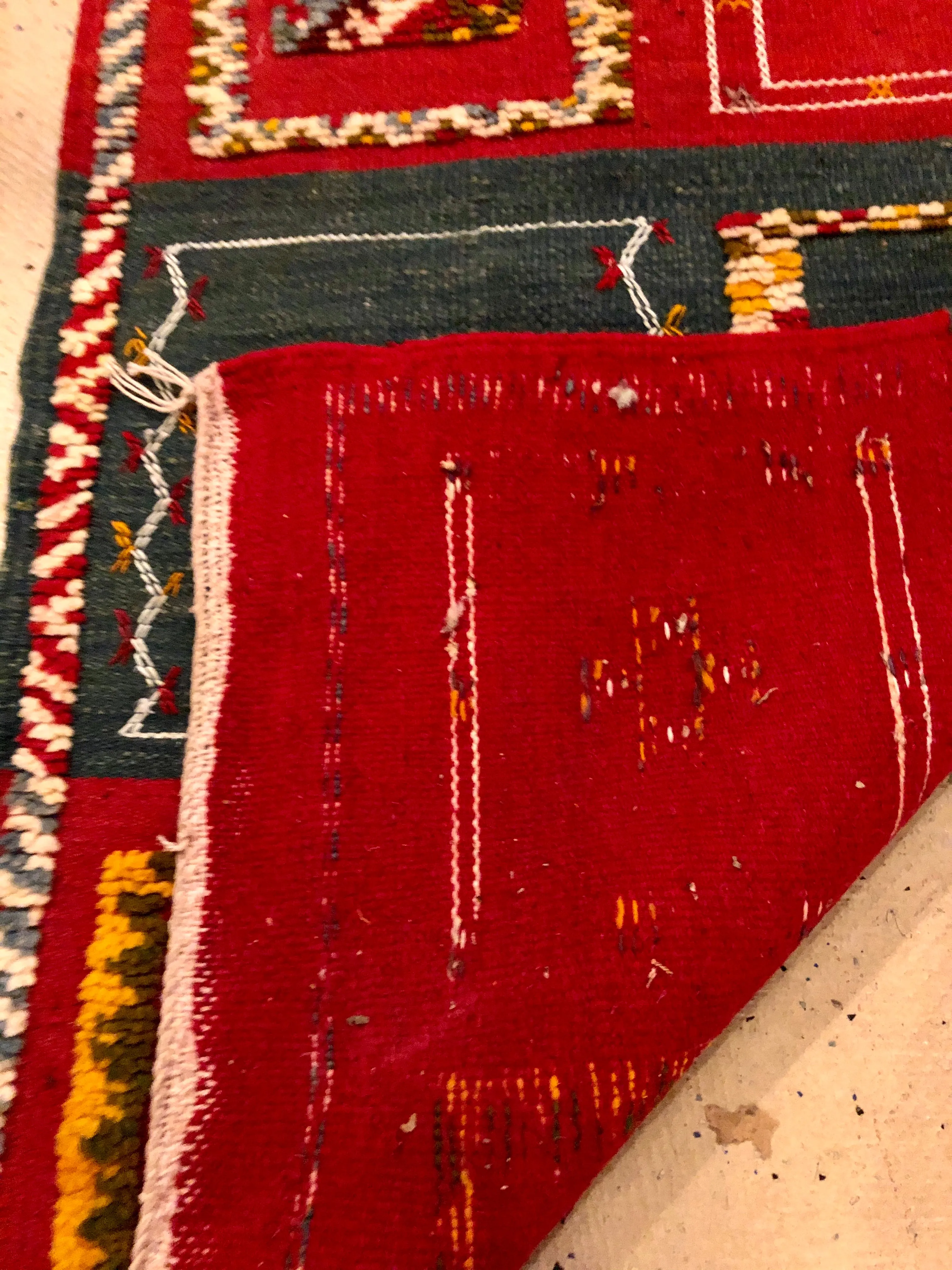 Vintage Moroccan Tribal Handmade Wool Blue and Red Small Rug or Carpet