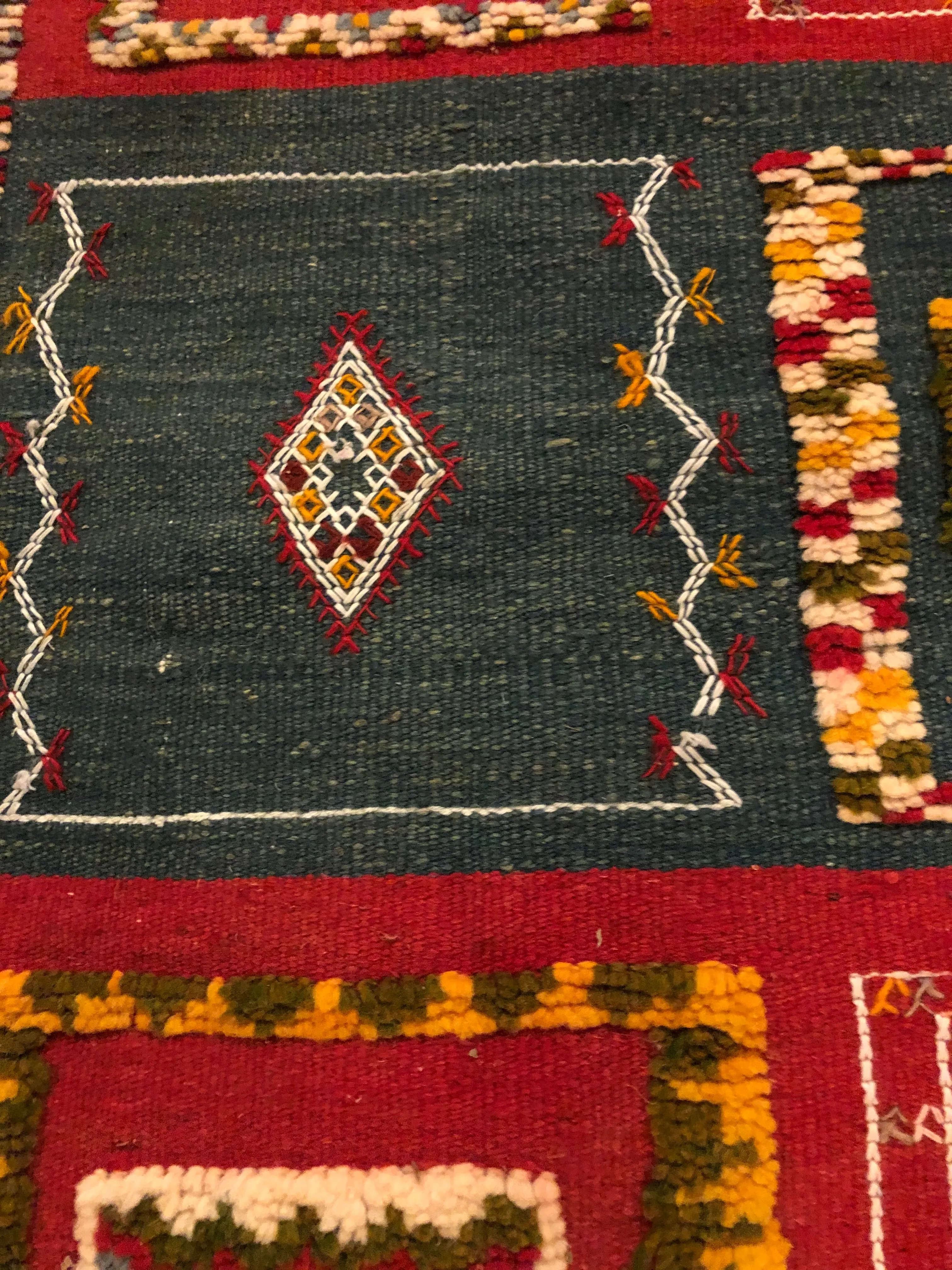Vintage Moroccan Tribal Handmade Wool Blue and Red Small Rug or Carpet