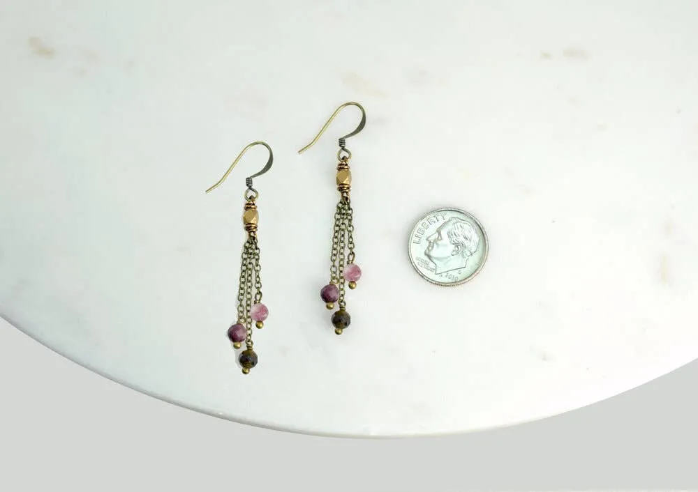 Watermelon Tourmaline Multi Color Chain Tassel Earrings