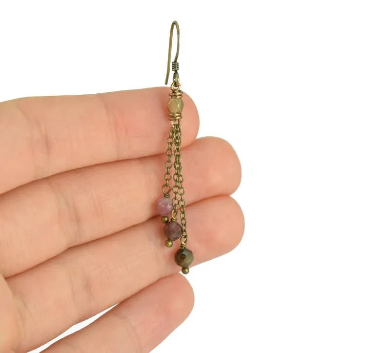 Watermelon Tourmaline Multi Color Chain Tassel Earrings