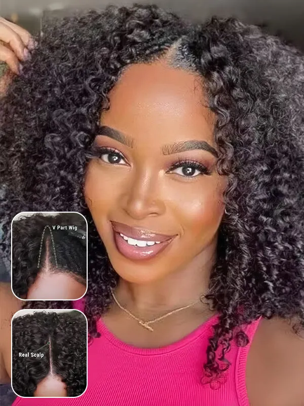 Wavymy Afro Curly V Part Wig Human Hair Wear Go Thin Part Glueless Wig 180% Density