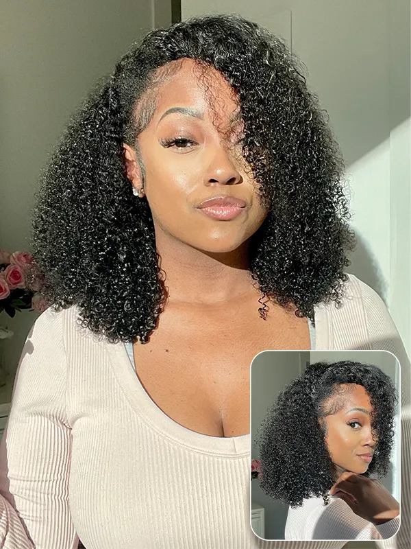 Wavymy Afro Curly V Part Wig Human Hair Wear Go Thin Part Glueless Wig 180% Density