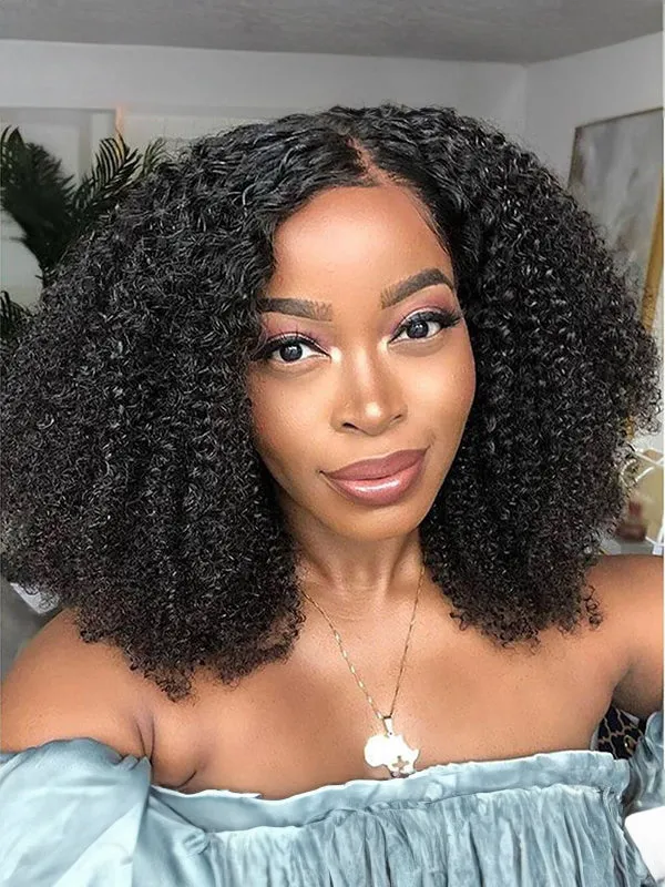 Wavymy Afro Curly V Part Wig Human Hair Wear Go Thin Part Glueless Wig 180% Density