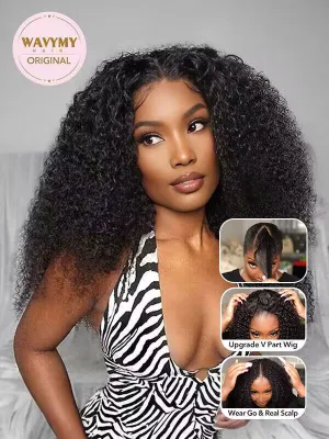 Wavymy Afro Curly V Part Wig Human Hair Wear Go Thin Part Glueless Wig 180% Density