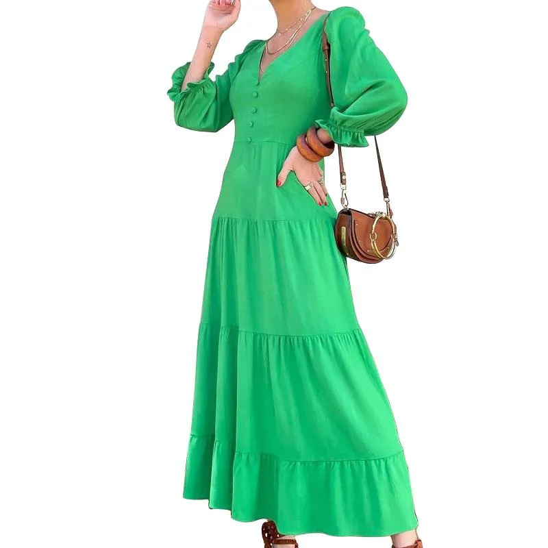 Women Long Sleeves V Neck Fall Long Dresses