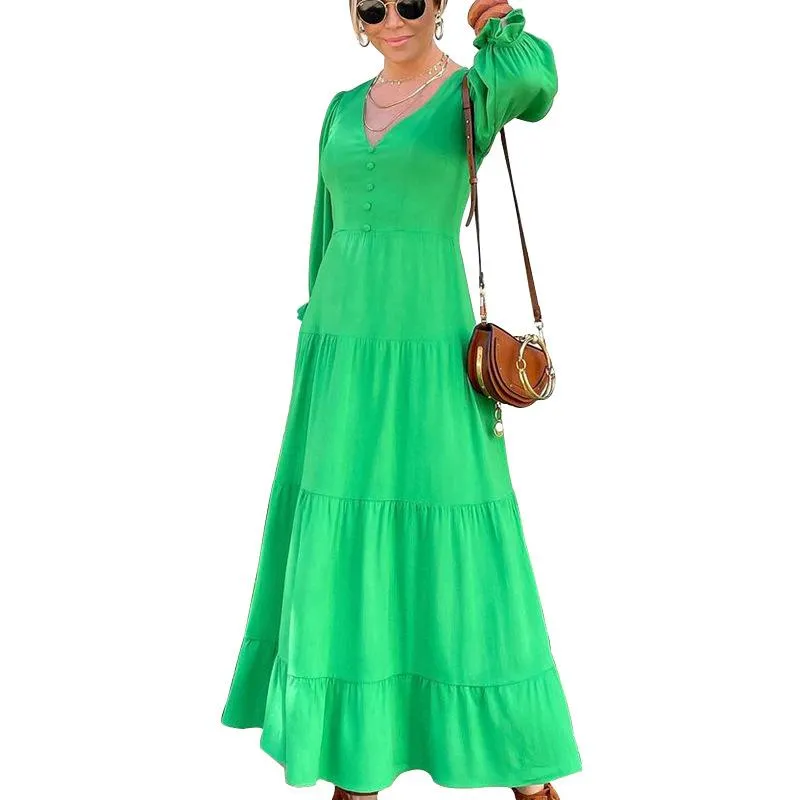 Women Long Sleeves V Neck Fall Long Dresses