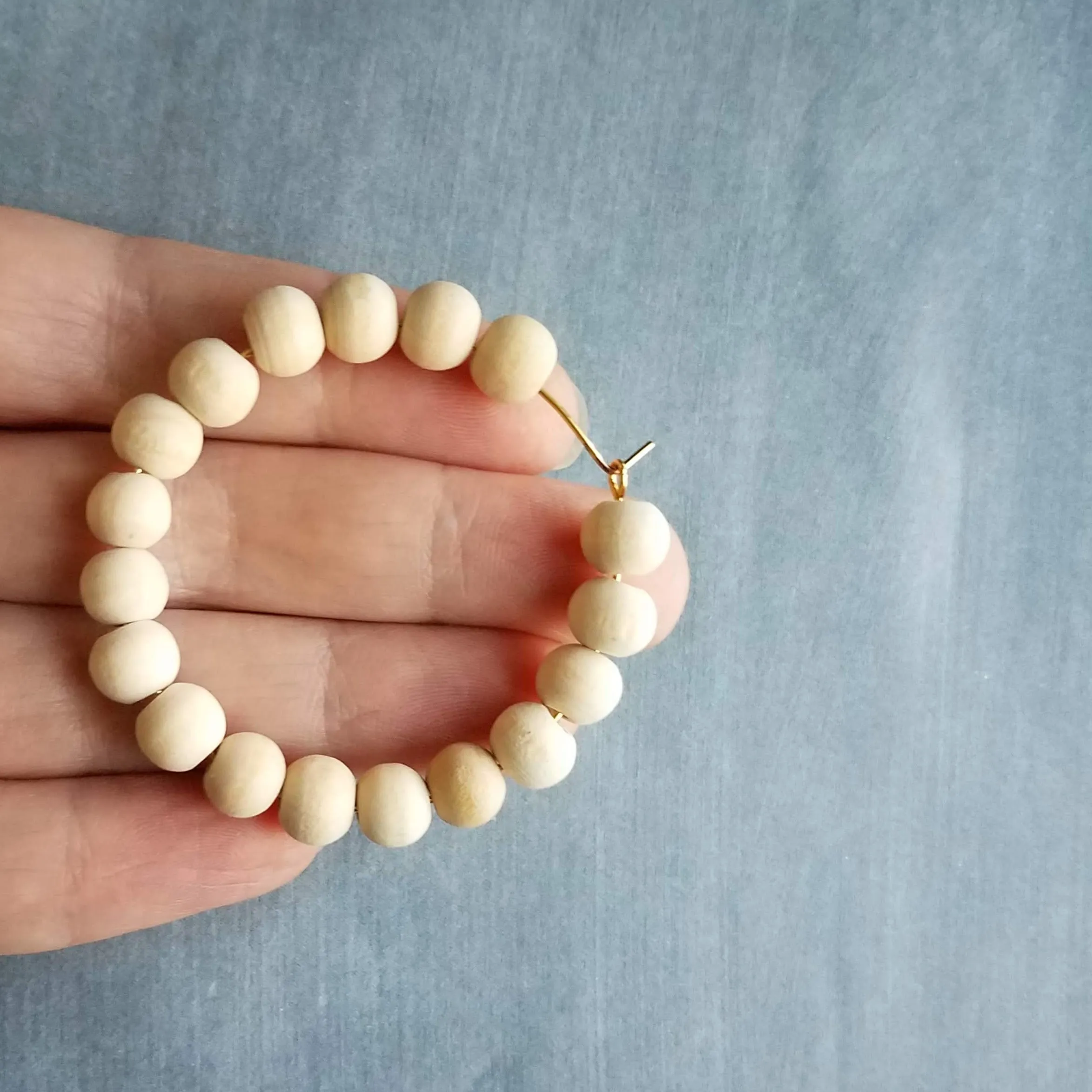 Wood Bead Thin Hoop Earrings, large gold hoop, summer earrings, beaded hoops, wooden bead earring, natural wood beads, large hoops, bold silver