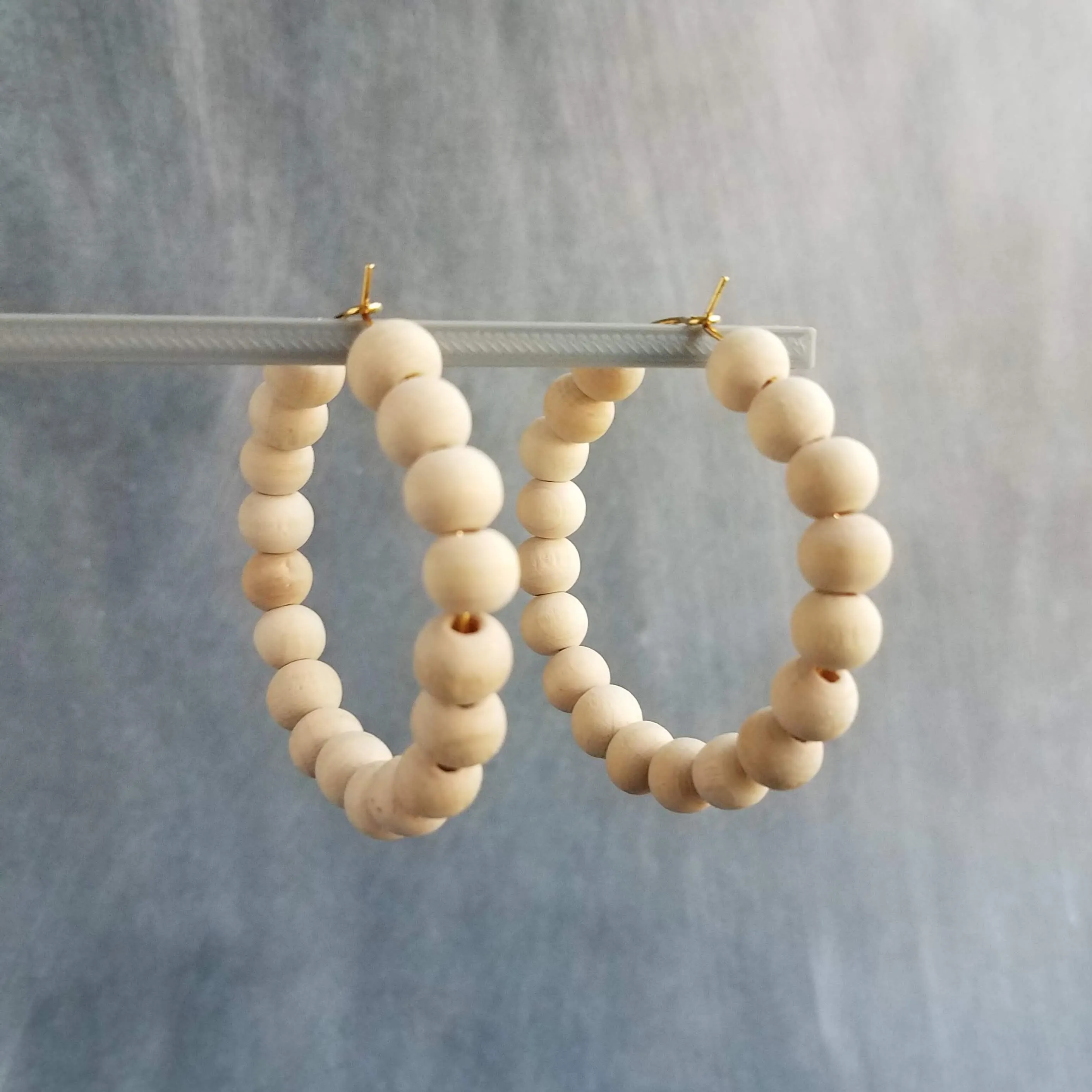 Wood Bead Thin Hoop Earrings, large gold hoop, summer earrings, beaded hoops, wooden bead earring, natural wood beads, large hoops, bold silver