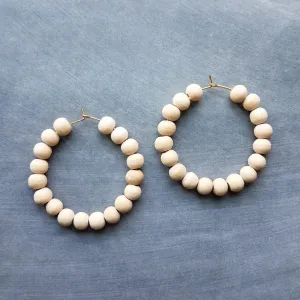 Wood Bead Thin Hoop Earrings, large gold hoop, summer earrings, beaded hoops, wooden bead earring, natural wood beads, large hoops, bold silver
