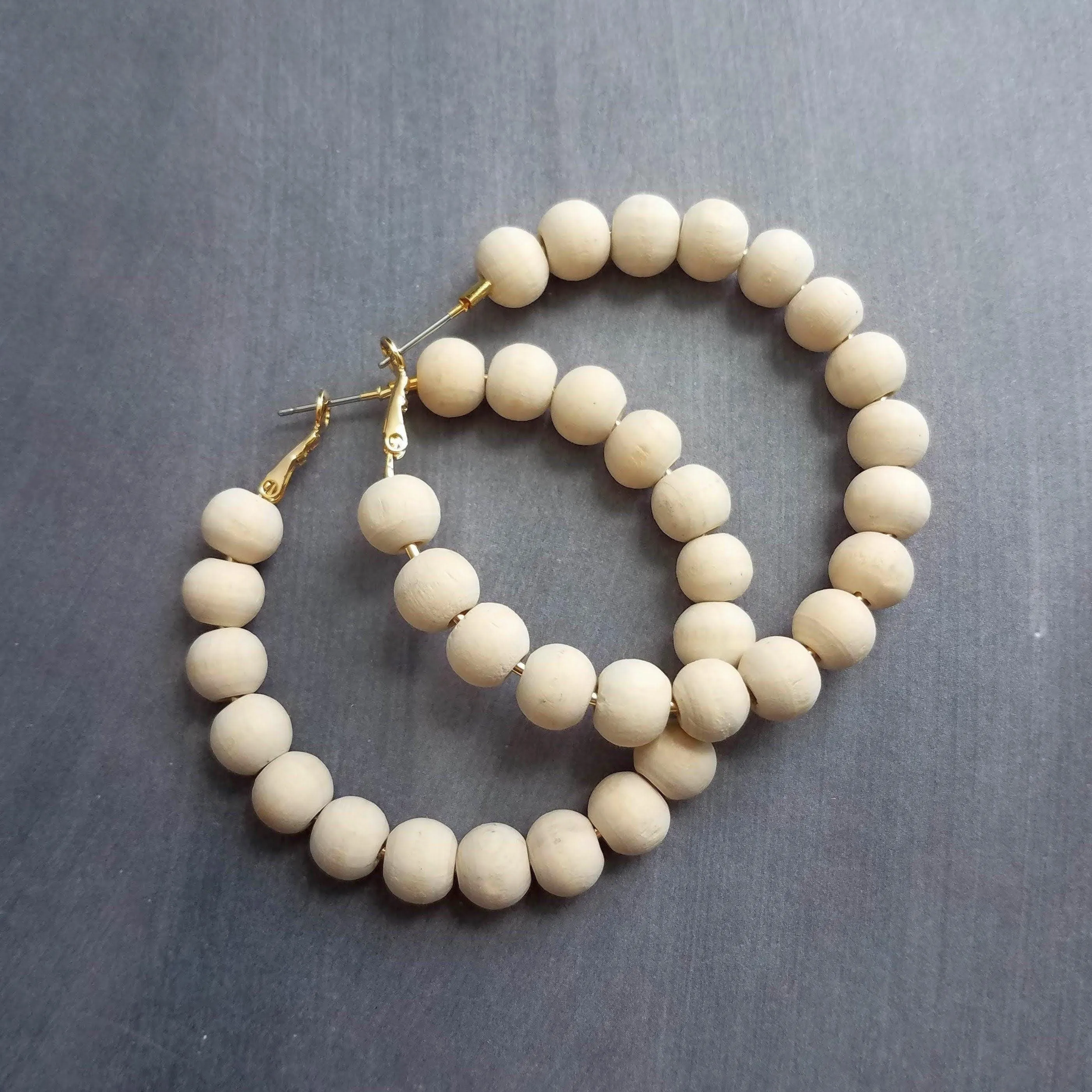 Wood Bead Thin Hoop Earrings, large gold hoop, summer earrings, beaded hoops, wooden bead earring, natural wood beads, large hoops, bold silver