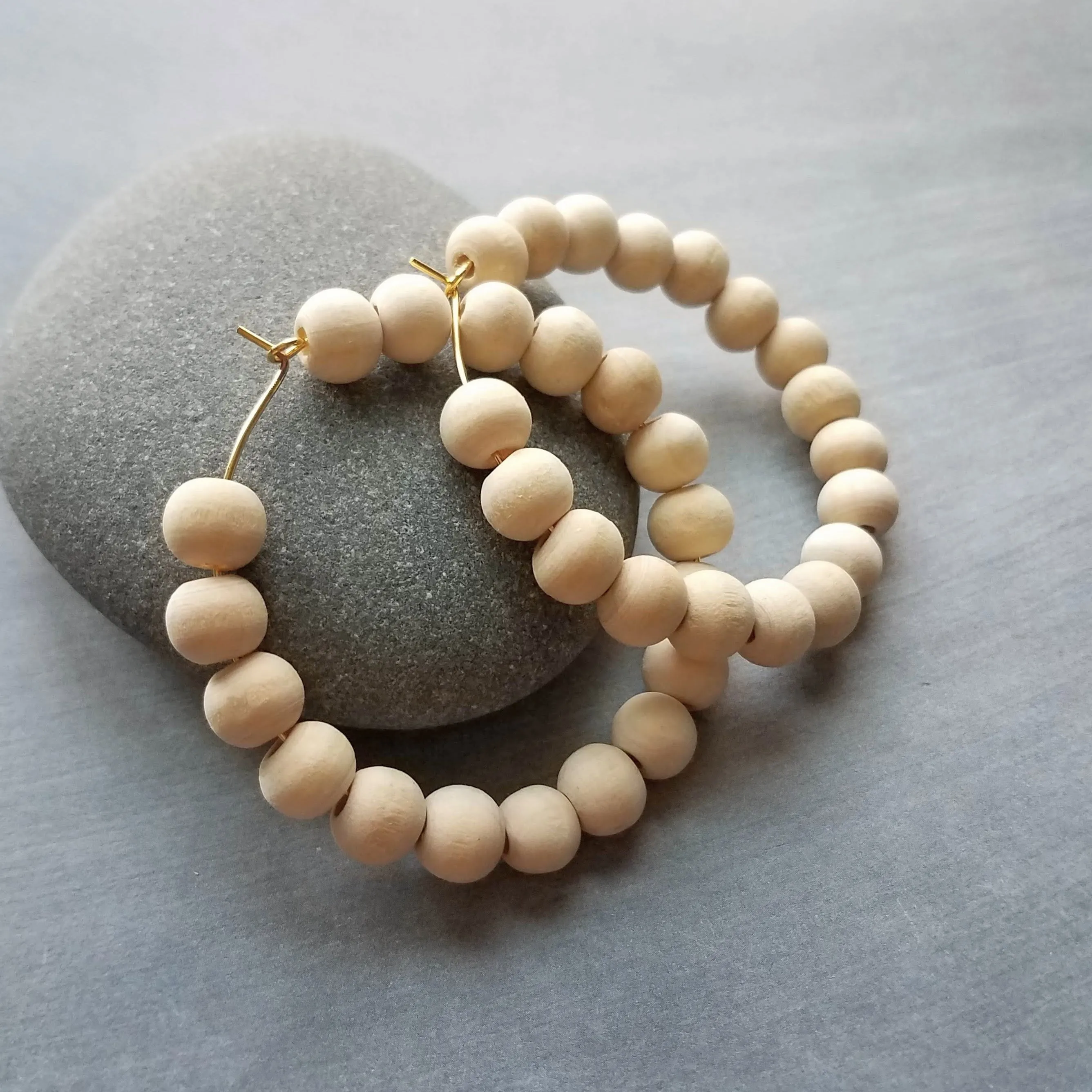 Wood Bead Thin Hoop Earrings, large gold hoop, summer earrings, beaded hoops, wooden bead earring, natural wood beads, large hoops, bold silver