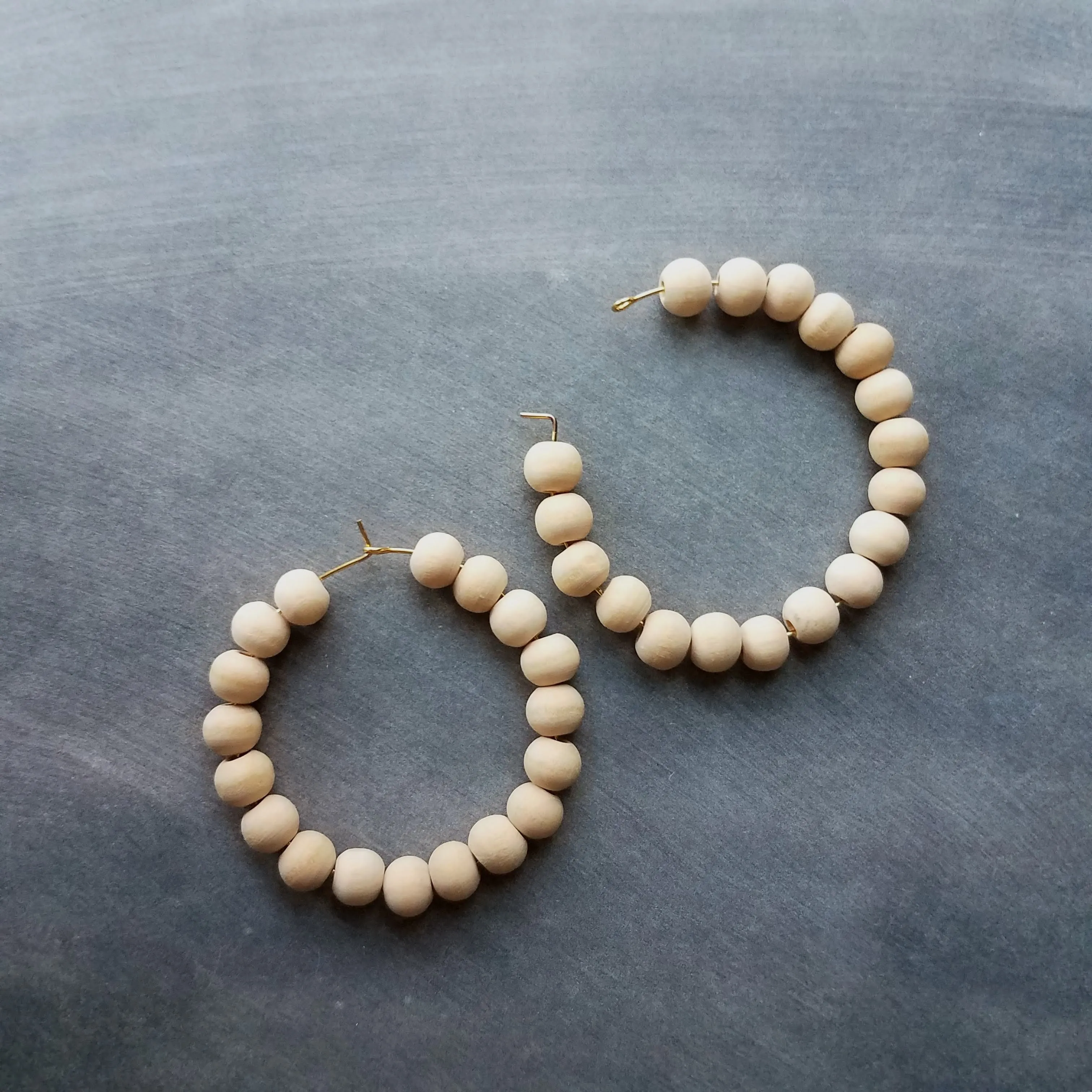 Wood Bead Thin Hoop Earrings, large gold hoop, summer earrings, beaded hoops, wooden bead earring, natural wood beads, large hoops, bold silver