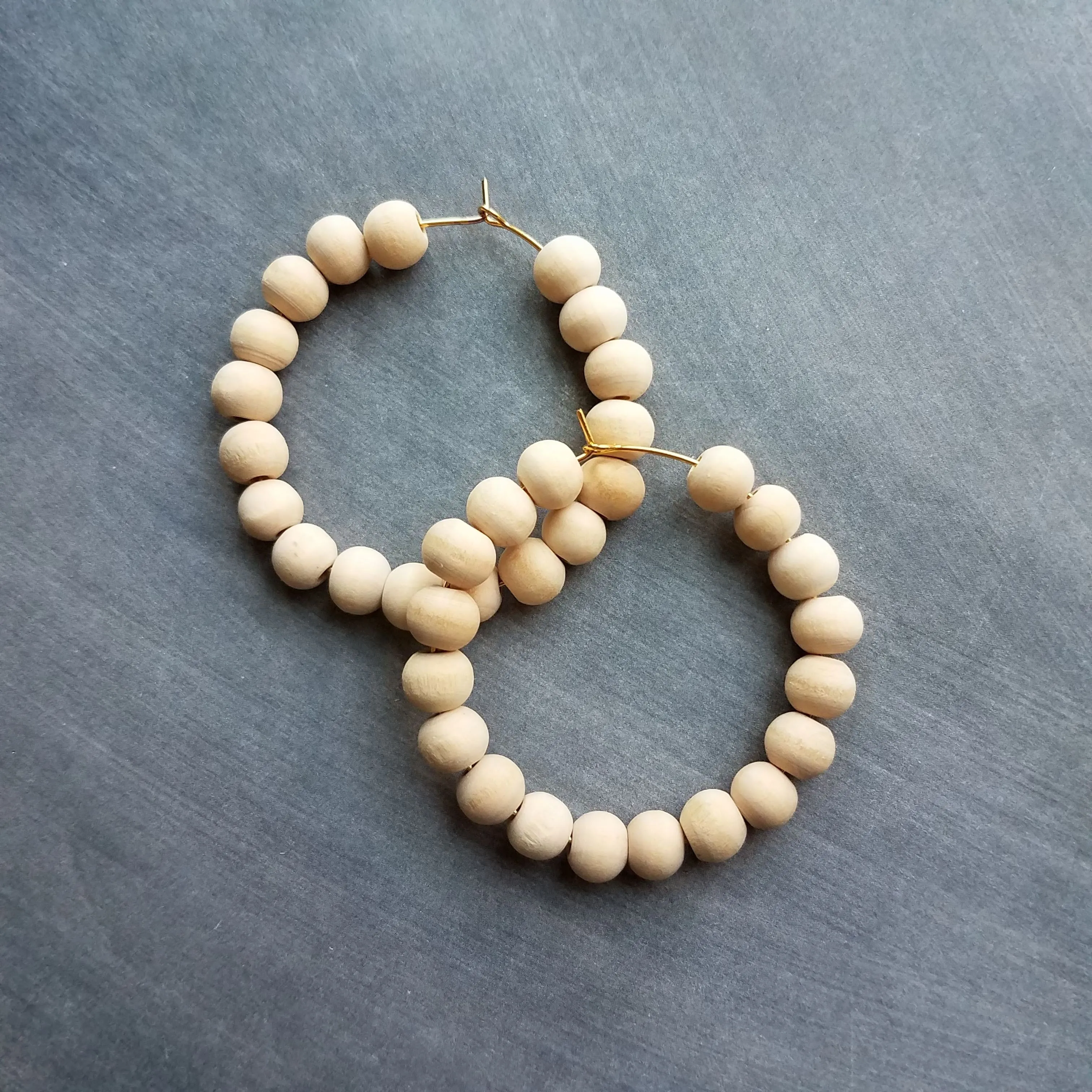 Wood Bead Thin Hoop Earrings, large gold hoop, summer earrings, beaded hoops, wooden bead earring, natural wood beads, large hoops, bold silver