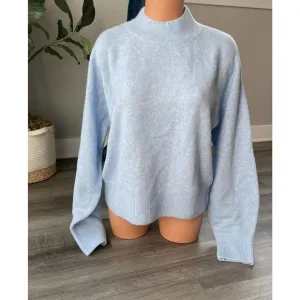Wool City Blue Sweater M Boxy Mock Neck Soft Balloon Sleeve