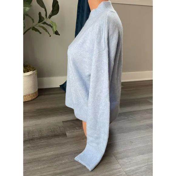 Wool City Blue Sweater M Boxy Mock Neck Soft Balloon Sleeve