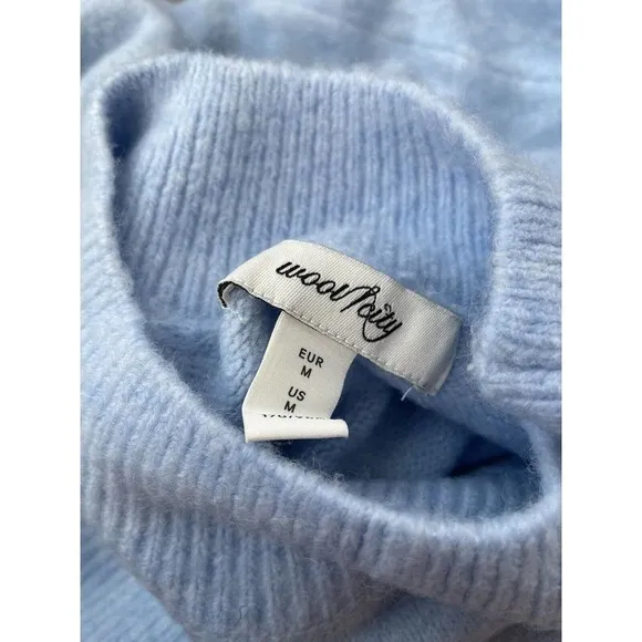Wool City Blue Sweater M Boxy Mock Neck Soft Balloon Sleeve