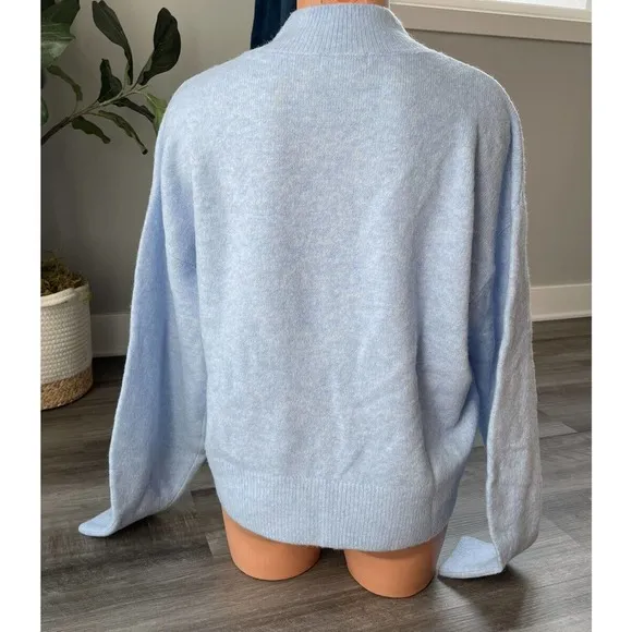 Wool City Blue Sweater M Boxy Mock Neck Soft Balloon Sleeve