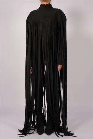 Wool Maxi Cape with Fringes