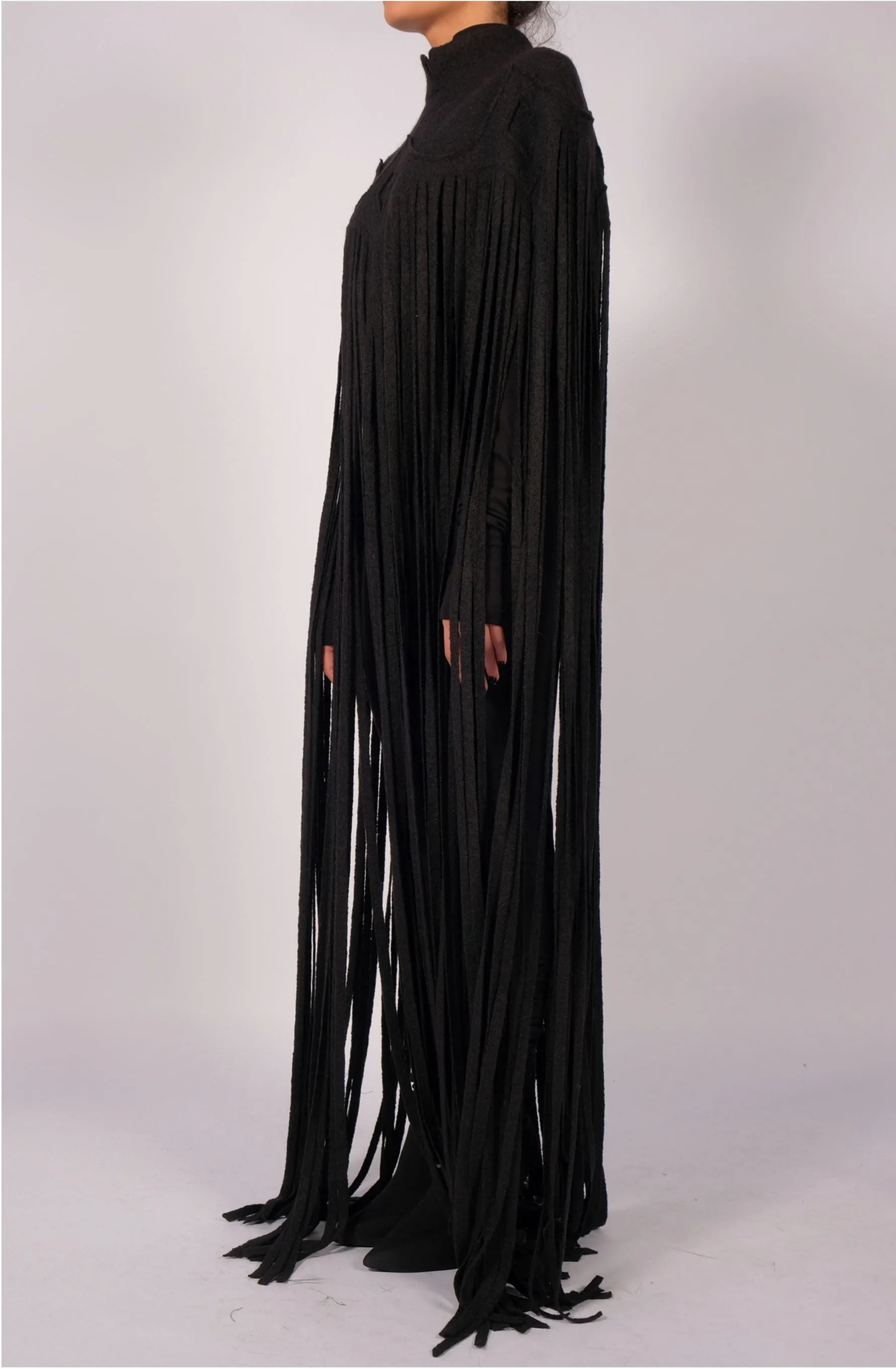 Wool Maxi Cape with Fringes