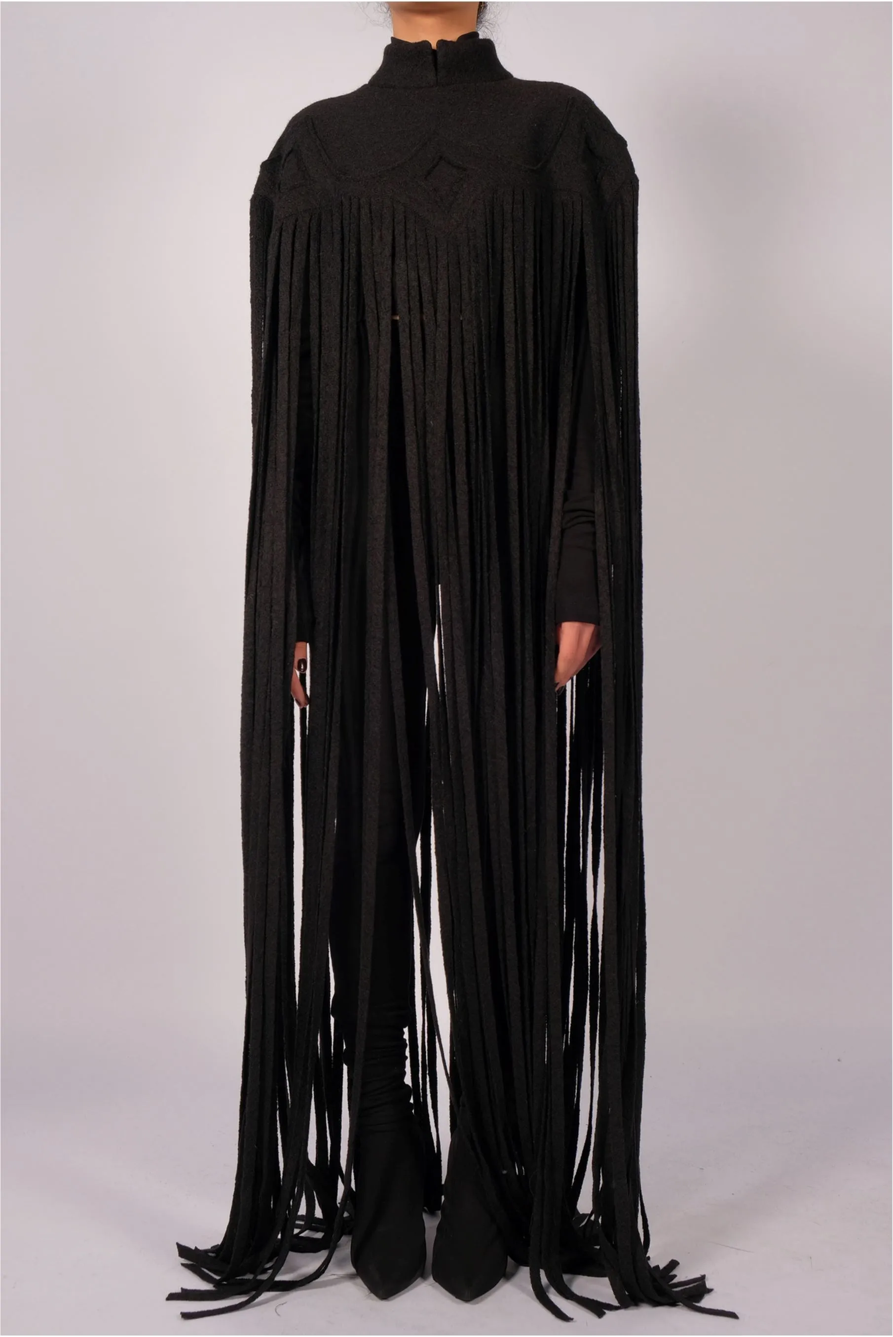 Wool Maxi Cape with Fringes