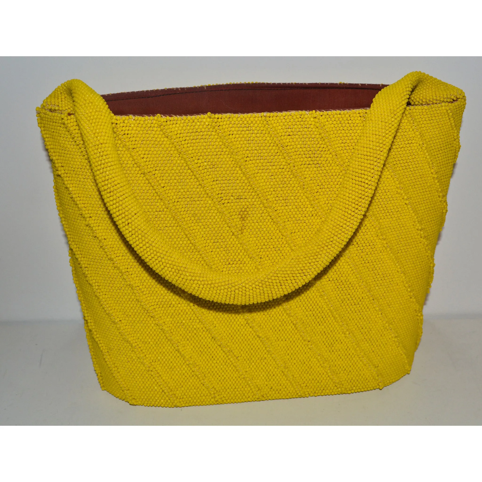 Yellow Mustard Ribbed Beaded Bucket Purse