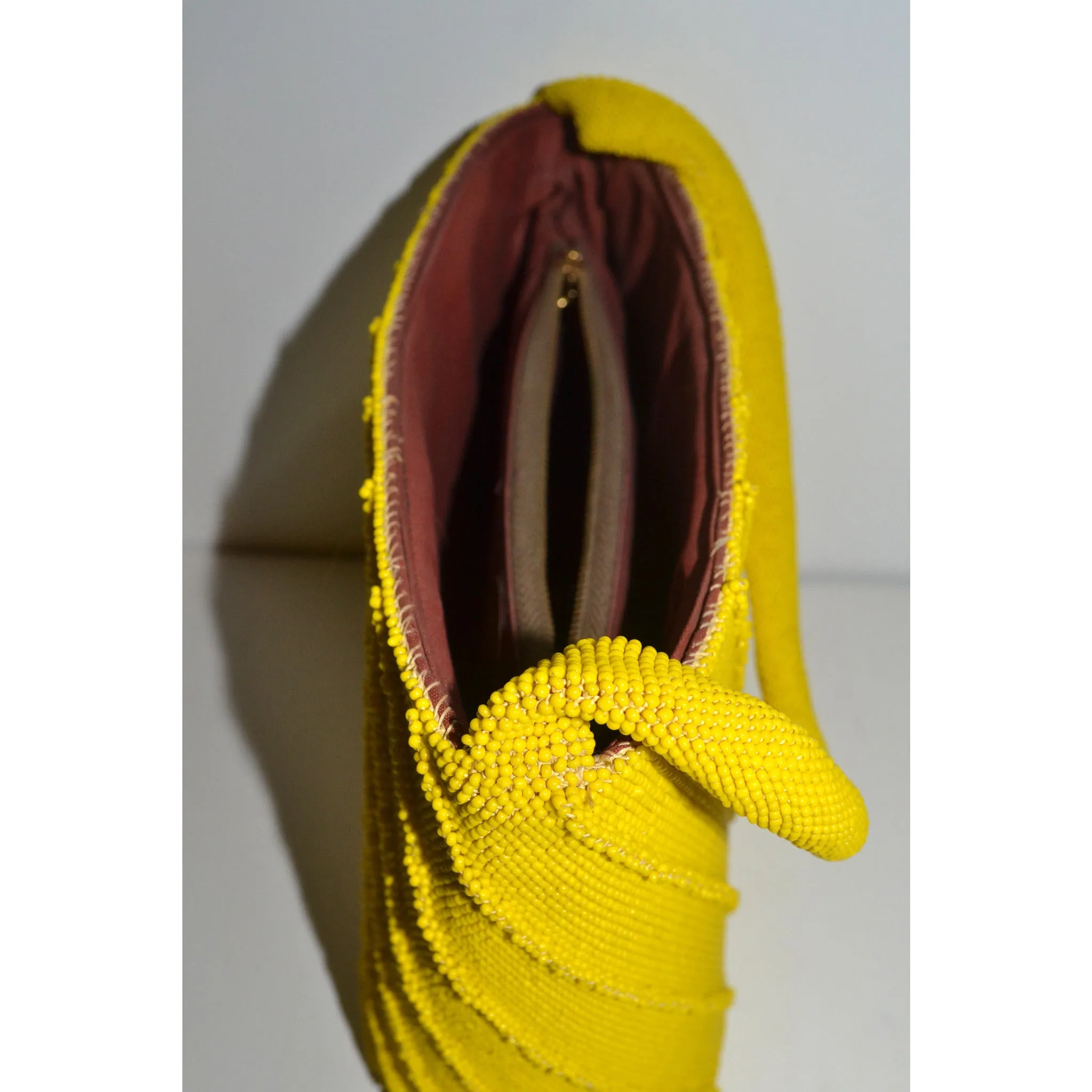 Yellow Mustard Ribbed Beaded Bucket Purse